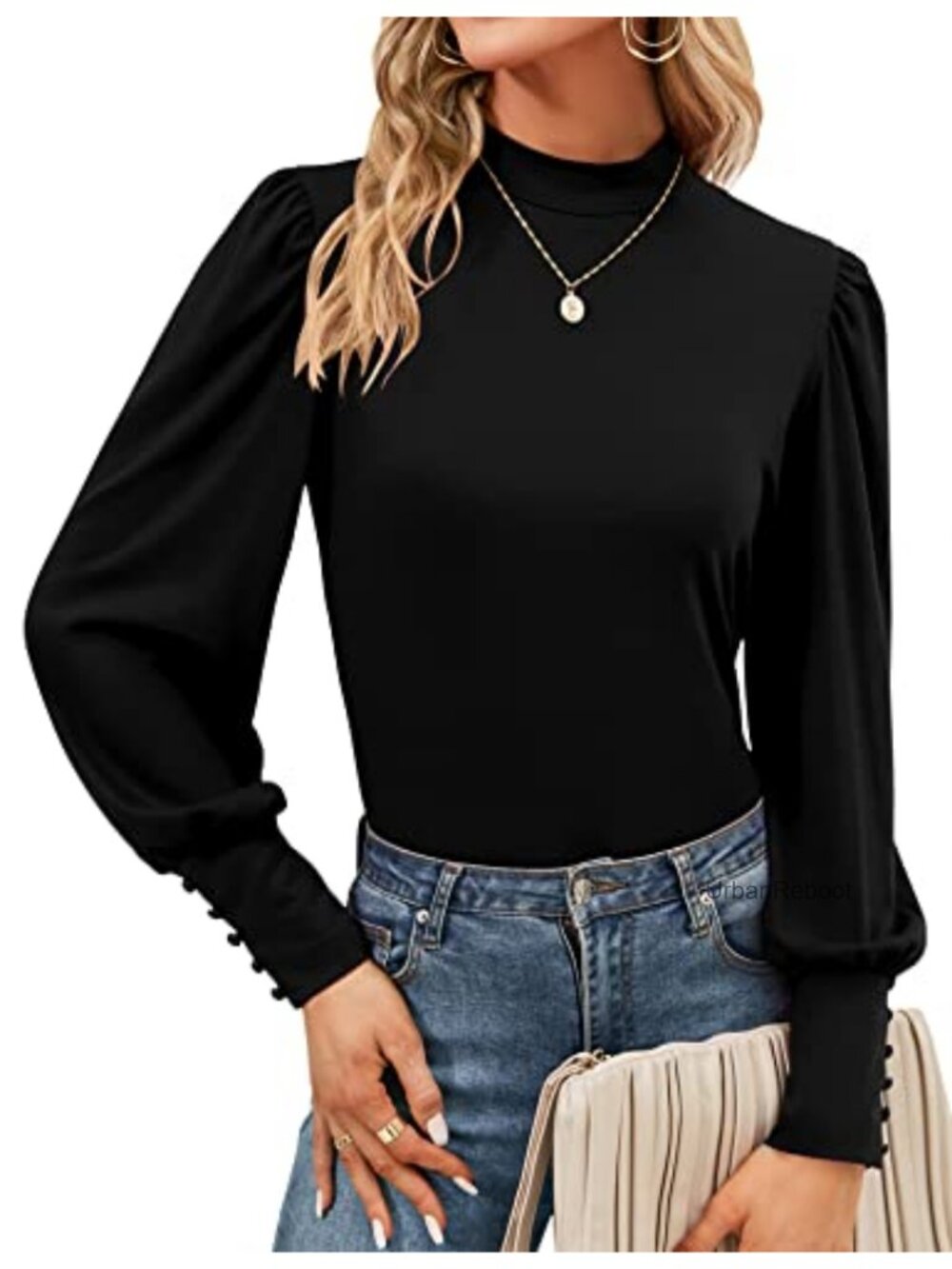 Mock Neck Puff Long Sleeve Blouse Button Cuff Tunic Top